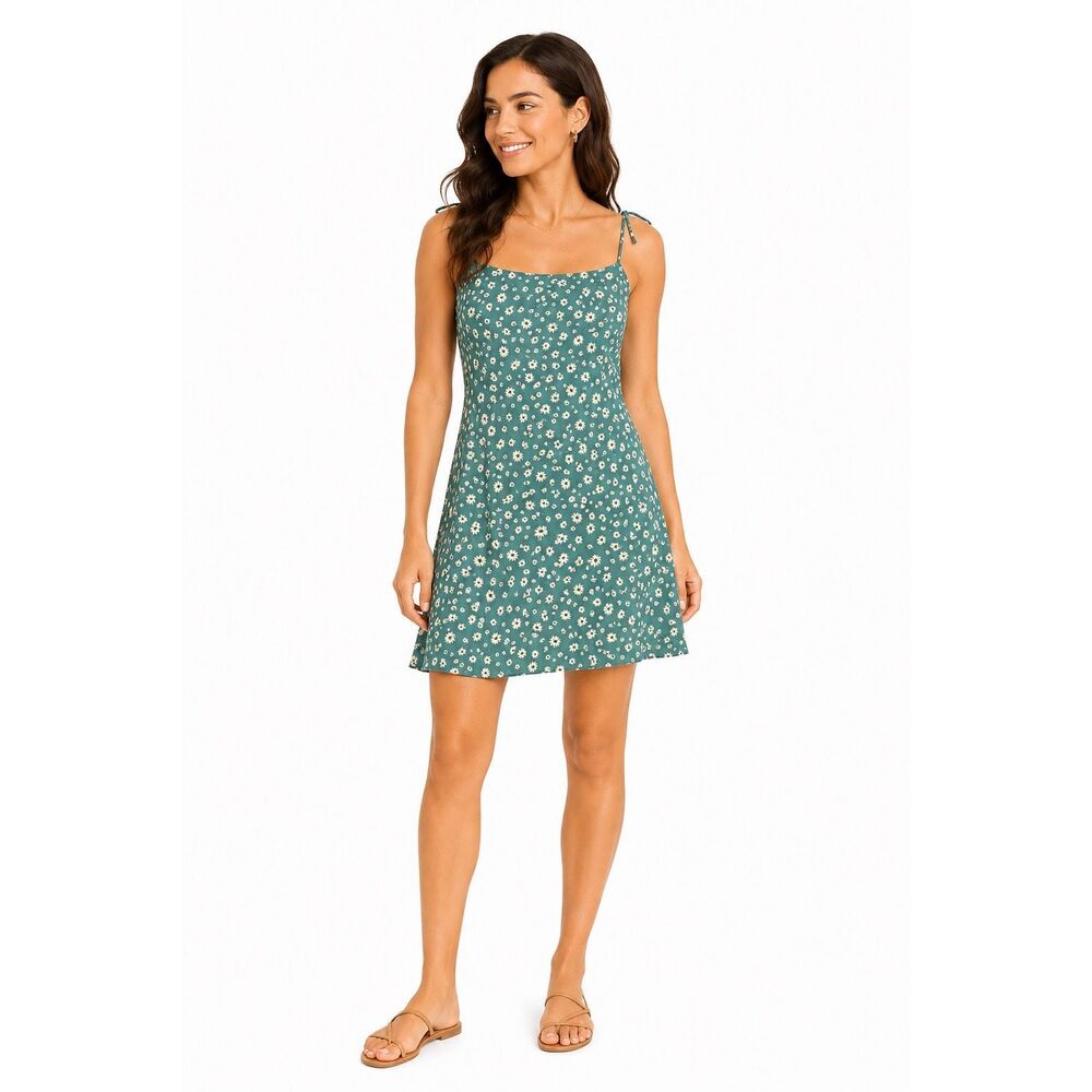BE COOL Women’s Green Daisy Floral Tie Strap Mini Dress Size Small